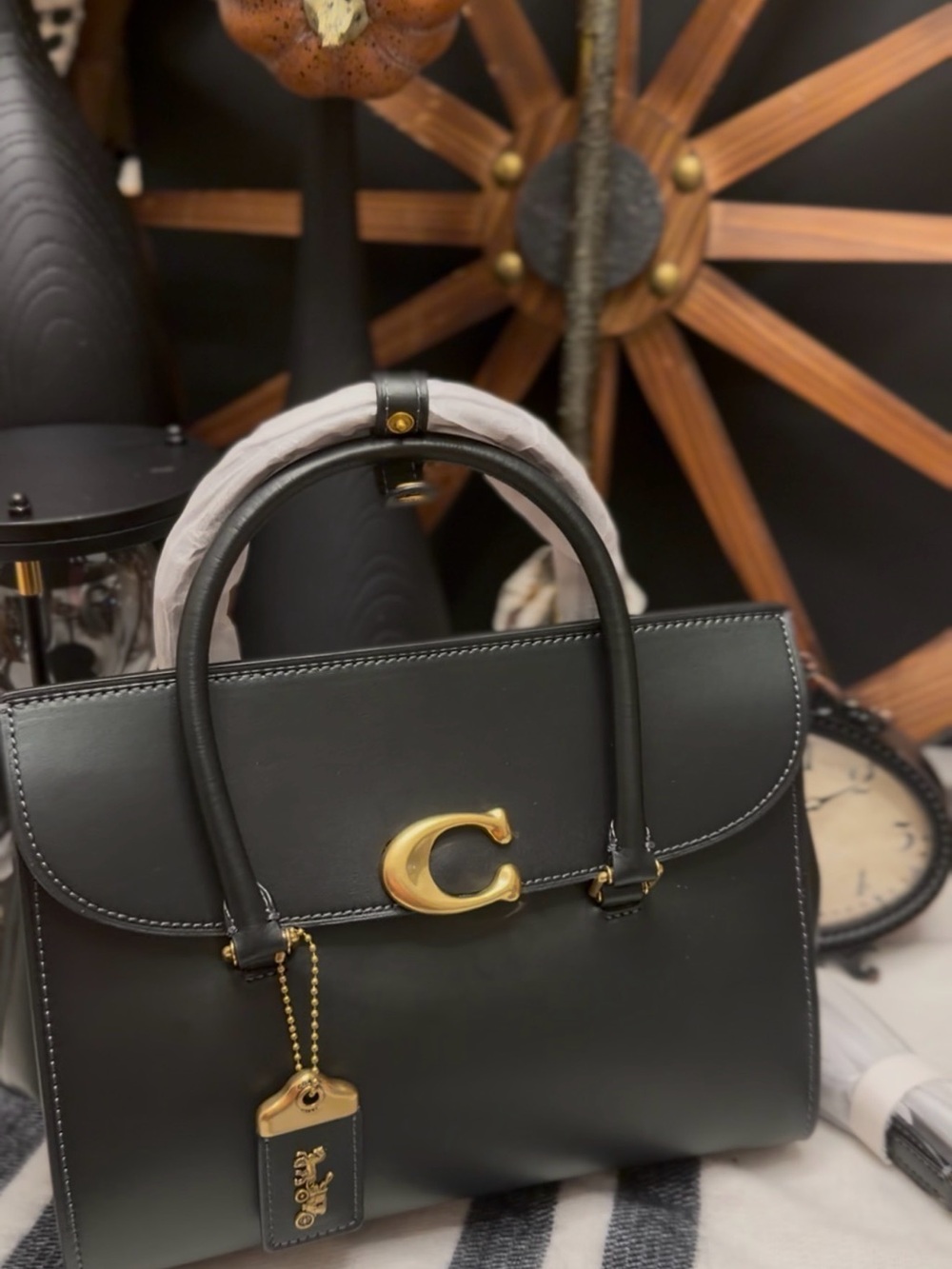 Coach Black Leather Top-Handle Satchel with Gold Hardware
